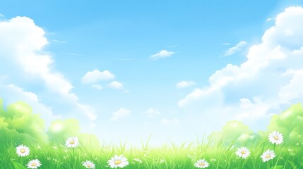 A sunny meadow scene with wildflowers and a clear sky.