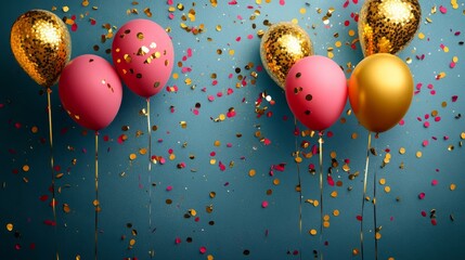 Celebration background with confetti and gold balloons