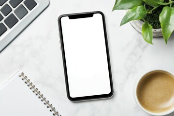 A Simple White Workspace with Notebook Coffee Cup and Smartphone Blank Screen Mockup Top View