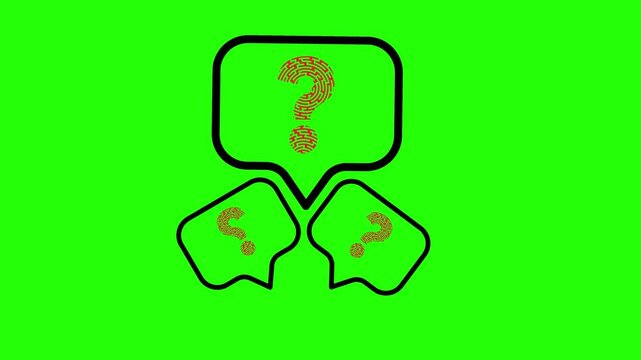 4K Video Animation of three speech bubbles with question marks against a vibrant green backdrop, sparking curiosity and hinting at inquiries and thought processes.