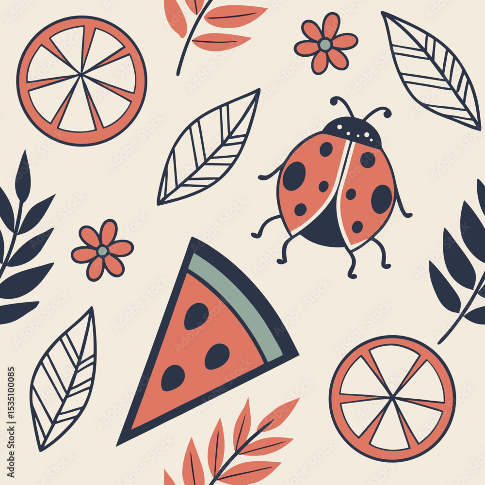 Poster geometric folk seamless vector pattern with playful colors featuring fruits and insects