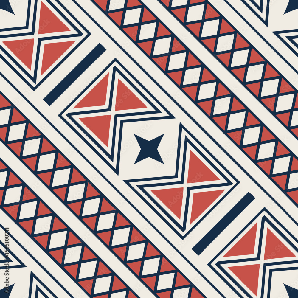 Poster geometric tribal seamless vector pattern with bold triangles and diamonds in red and navy
