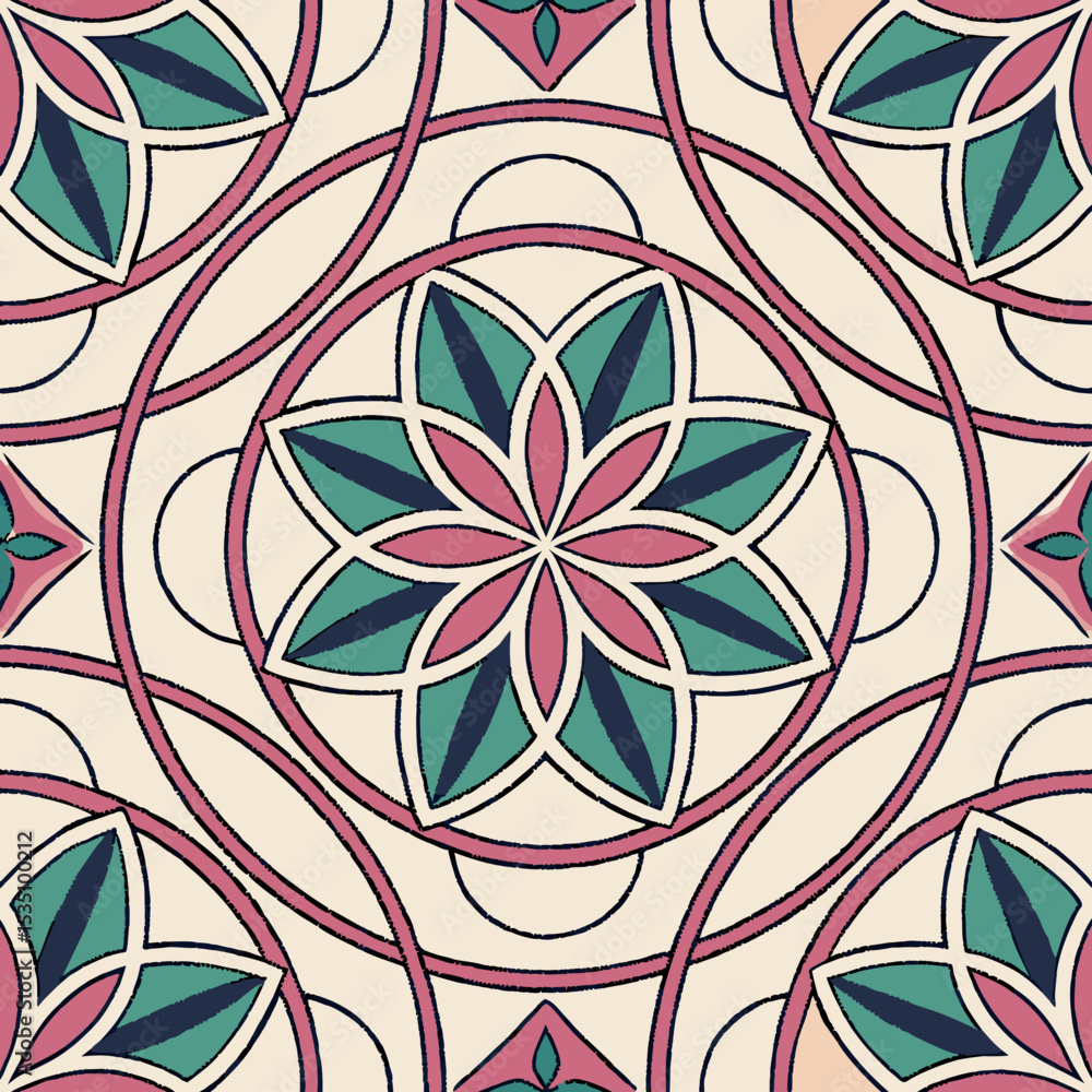 Poster geometric mandala seamless vector pattern with symmetrical designs in soft colors