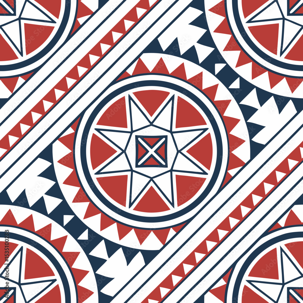 Poster geometric tribal seamless vector pattern with bold triangles and diamonds in red and blue
