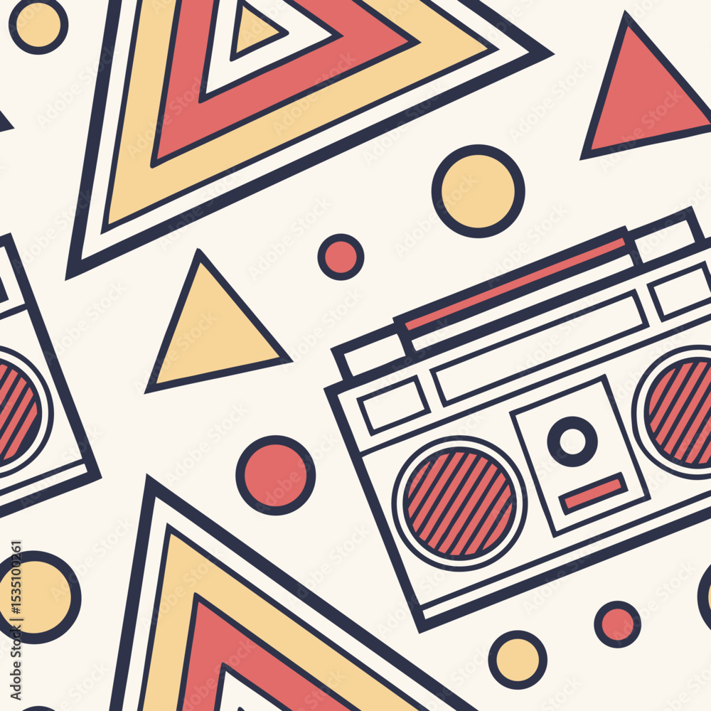 Poster geometric seamless vector pattern with retro boombox and triangles