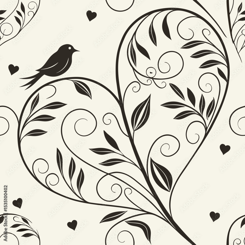 Poster hand-drawn seamless vector pattern with hearts and bird elements