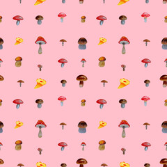 Seamless background with mushrooms. Realistic botanical watercolor illustrations. Forest autumn objects isolated on pink background. Texture for children's, wallpaper, textiles, etc.
