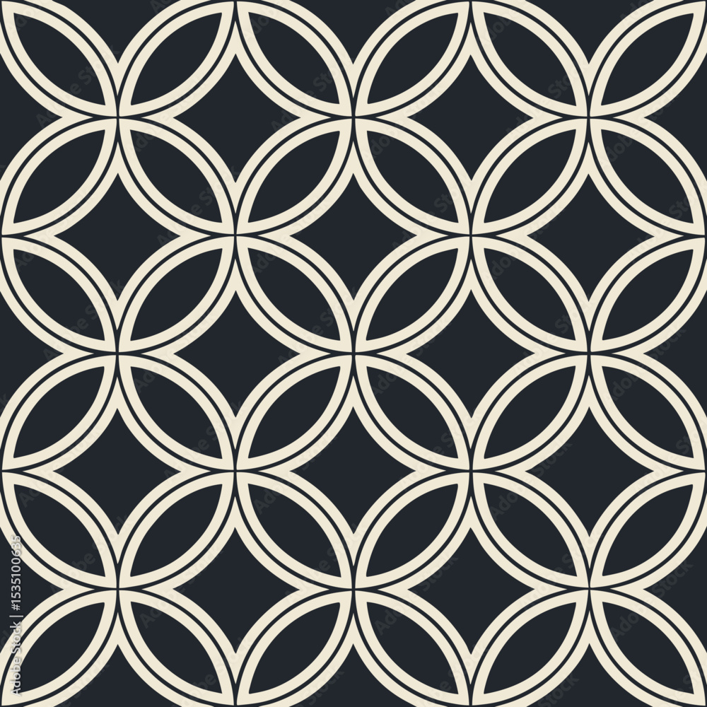Poster lattice geometric seamless vector pattern of interconnecting circles in black and cream design