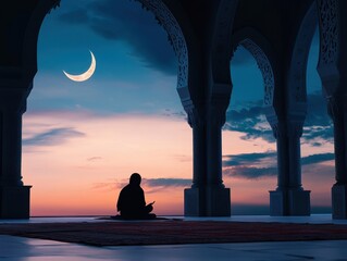 Person meditating at dusk in ornate Islamic archway