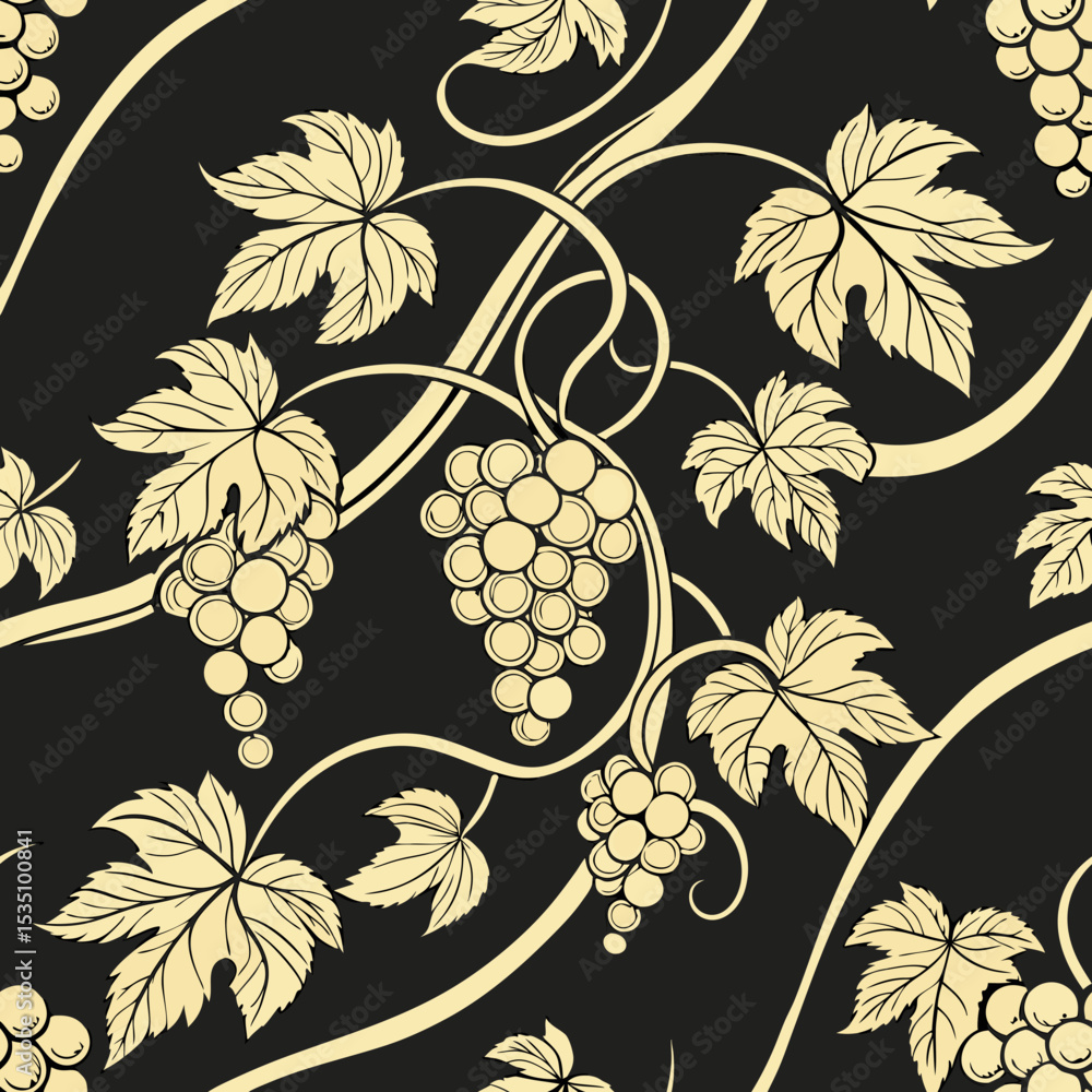 Poster luxurious seamless vector pattern of grape clusters on black background