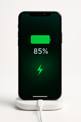 the smartphone is charging and the phone screen is charging, on a white background