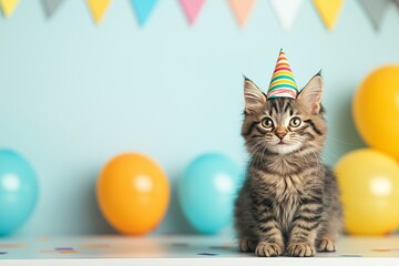 Cute Tabby Kitten Wearing Party Hat at Colorful Celebration with Balloons and Bunting Decorations.