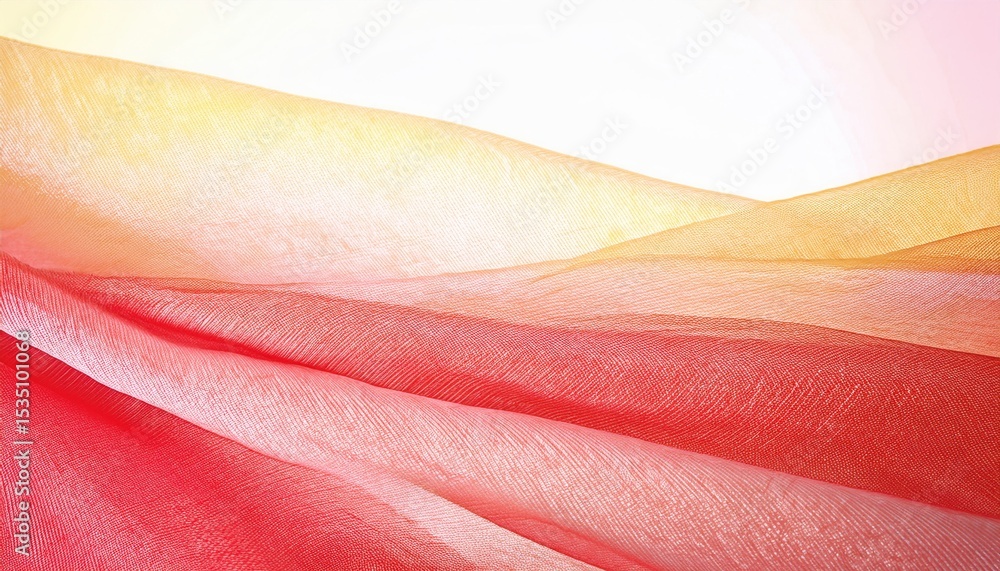 Aufkleber soft layered mesh fabric in flowing red, yellow, and peach tones with translucent texture, ideal for web design, textile branding, print background, or packaging

