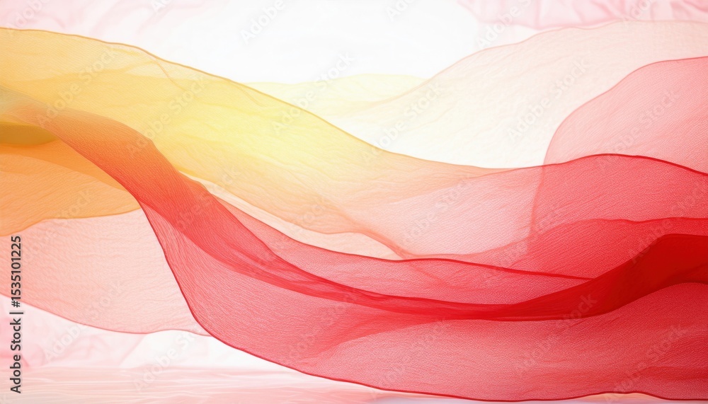 Poster soft layered mesh fabric in flowing red, yellow, and peach tones with translucent texture, ideal for web design, textile branding, print background, or packaging

