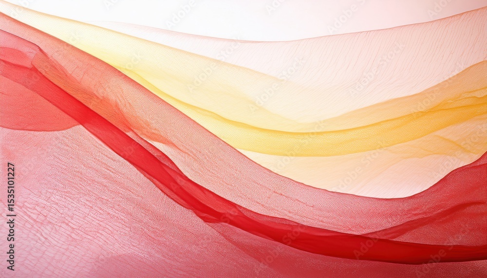 Poster soft layered mesh fabric in flowing red, yellow, and peach tones with translucent texture, ideal for web design, textile branding, print background, or packaging

