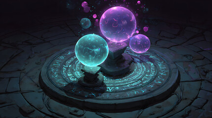 Floating orbs emitting neon light in purple and teal hues hovering over stone pedestal covered in arcane symbols
