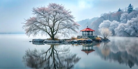 Serene winter gazebo on a misty lake