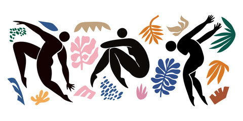 Set of Vector illustration, featuring abstract human silhouettes and bright colorful plants and leaves in a bold cut out design surrounded by abstract leaves