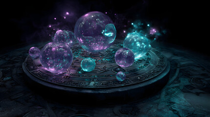Floating orbs emitting neon light in purple and teal hues hovering over stone pedestal covered in arcane symbols
