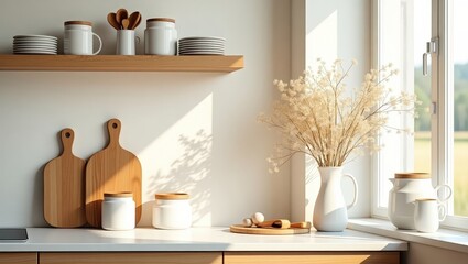 Scandinavian-style kitchen with natural wooden utensils, white ceramic jars, and dried flowers arranged neatly on floating shelves.