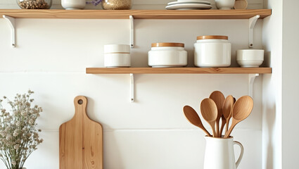 Scandinavian-style kitchen with natural wooden utensils, white ceramic jars, and dried flowers arranged neatly on floating shelves.