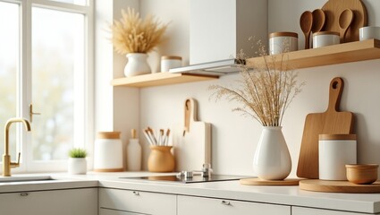 Scandinavian-style kitchen with natural wooden utensils, white ceramic jars, and dried flowers arranged neatly on floating shelves.