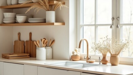 Scandinavian-style kitchen with natural wooden utensils, white ceramic jars, and dried flowers arranged neatly on floating shelves.