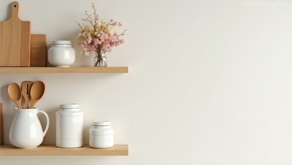 Scandinavian-style kitchen with natural wooden utensils, white ceramic jars, and dried flowers arranged neatly on floating shelves.
