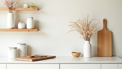 Scandinavian-style kitchen with natural wooden utensils, white ceramic jars, and dried flowers arranged neatly on floating shelves.