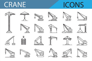 Crane machine icon set, showcasing various types of construction equipment and lifting tools