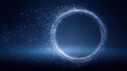 Stunning photo of luminous circle of sparkling particles on a dark blue background creating a magical and ethereal atmosphere with a cosmic feel.