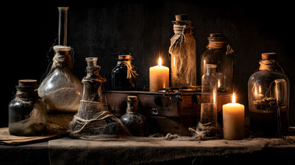 Rusty scientific instruments and jars draped in cobwebs with dim flickering candlelight