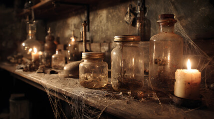 Rusty scientific instruments and jars draped in cobwebs with dim flickering candlelight