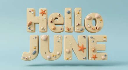 Hello june summer marine theme with seashells and starfish on sandy letters