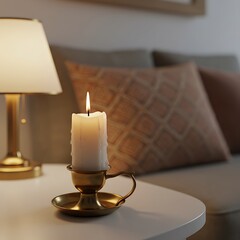 Candle on Bedside Table in Cozy Bedroom