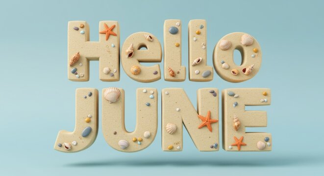 Hello june summer marine theme with seashells and starfish on sandy letters
