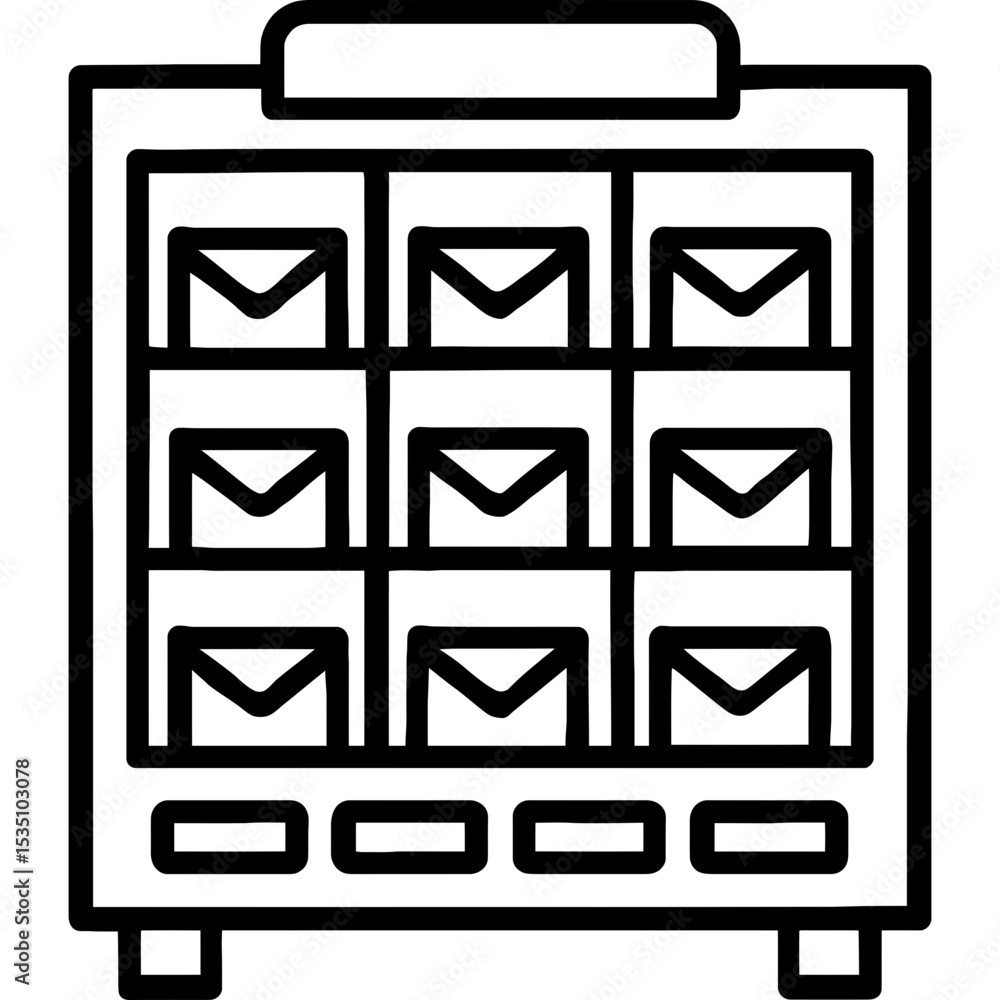 Poster mail sorting shelf icon with bold black lines
