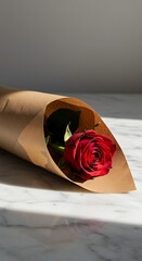 Red Rose Flower in Paper Wrap on Marble Surface