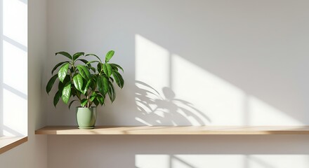 Houseplant in Pot on Shelf with Sunlight Shadows