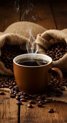 Coffee Cup with Steam on Wooden Table