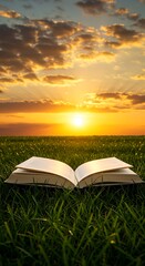 Open Book on Grass During Sunset
