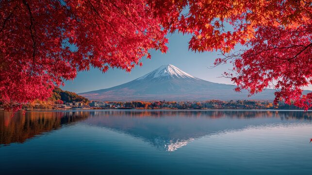 Stunning photo of serene mount fuji reflection in calm lake kawaguchiko waters framed by vibrant red maple leaves autumn scenery peaceful japanese landscape travel destination.
