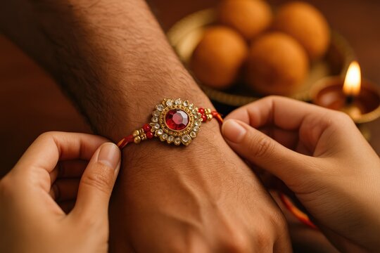 Hands adorned with colorful Rakhi bracelet, showcasing intricate design and vibrant colors, symbolizing love and protection during festive celebration of Raksha Bandhan