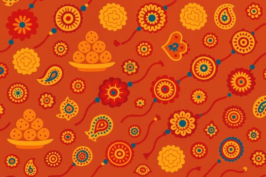 Colorful traditional pattern featuring festive motifs, sweets, flowers, and decorative elements, celebrating the spirit of Raksha Bandhan with vibrant hues and intricate designs - Powered by Adobe