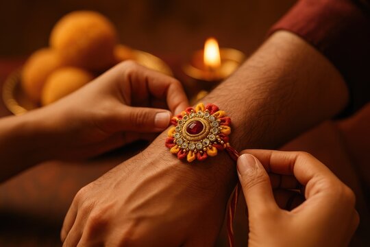 Hands tying colorful rakhi on wrist, adorned with intricate design, surrounded by traditional sweets and candlelight, celebrating the bond of love and protection during Raksha Bandhan festival