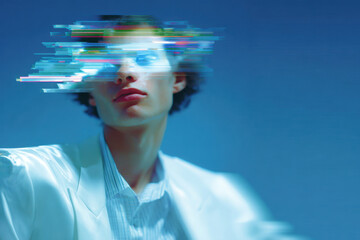 Businessman experiencing augmented reality glitch effect in metaverse