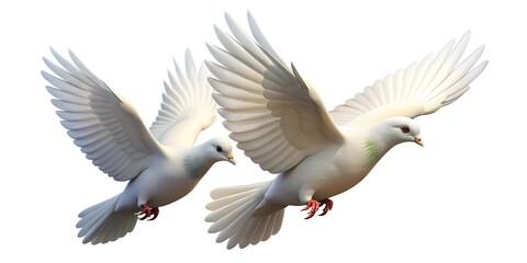 Obraz premium Two white doves in flight isolated on white background