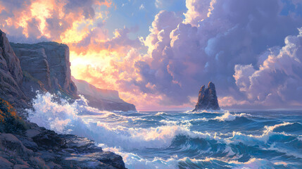 Ocean Coastline at Sunrise with Dramatic Clouds Seascape Azure Waves Nature Scenery Serene Cliffside Landscape