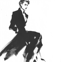 Fashion sketch, Elegant Ink Fashion Illustration of a Woman in Black Dress. Vintage. 