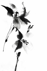 Abstract Black and White Ink Flower Illustration. Minimalist Monochrome Flower Ink Painting